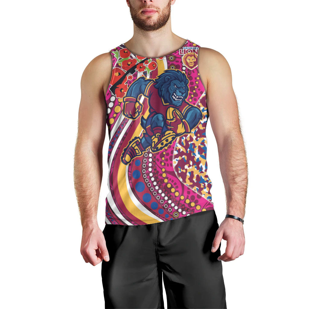 Brisbane Lions ANZAC Day Men Tank Top Indigenous Poppy Remembrance Lion Warrior