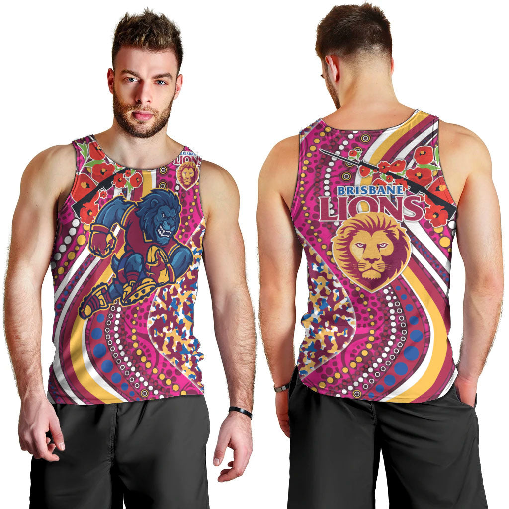 Brisbane Lions ANZAC Day Men Tank Top Indigenous Poppy Remembrance Lion Warrior