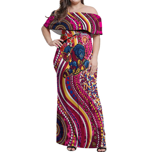 Brisbane Lions ANZAC Day Off Shoulder Maxi Dress Indigenous Poppy Remembrance Lion Warrior
