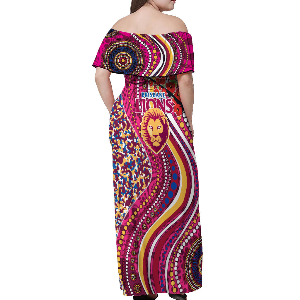 Brisbane Lions ANZAC Day Off Shoulder Maxi Dress Indigenous Poppy Remembrance Lion Warrior