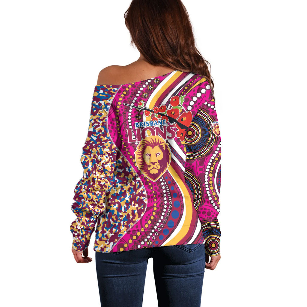 Brisbane Lions ANZAC Day Off Shoulder Sweater Indigenous Poppy Remembrance Lion Warrior