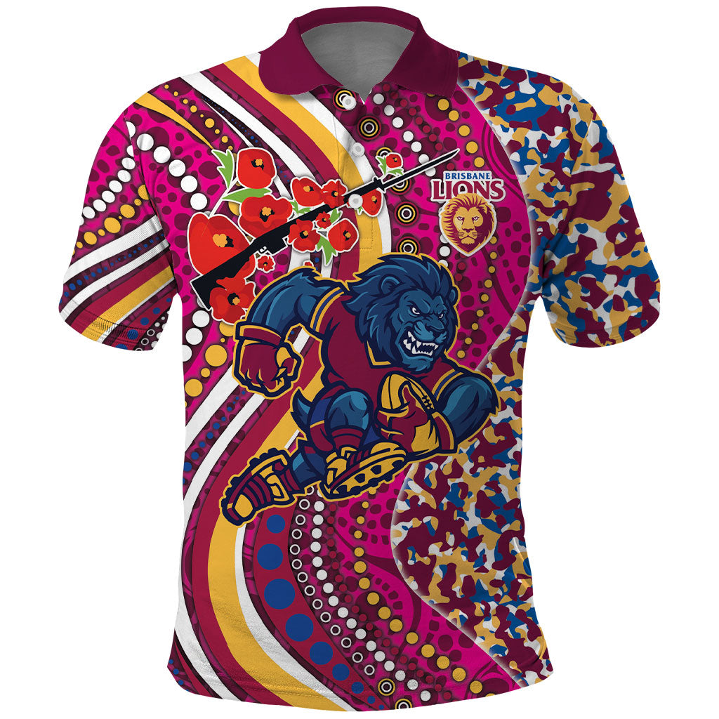 Brisbane Lions ANZAC Day Polo Shirt Indigenous Poppy Remembrance Lion Warrior