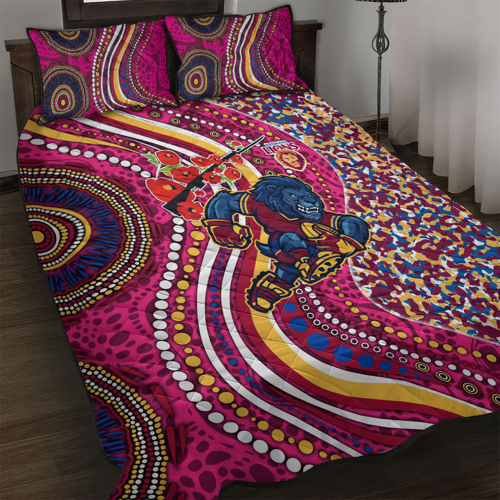 Brisbane Lions ANZAC Day Quilt Bed Set Indigenous Poppy Remembrance Lion Warrior