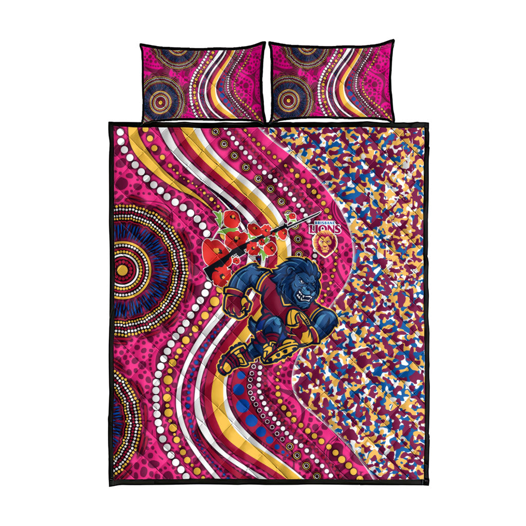 Brisbane Lions ANZAC Day Quilt Bed Set Indigenous Poppy Remembrance Lion Warrior
