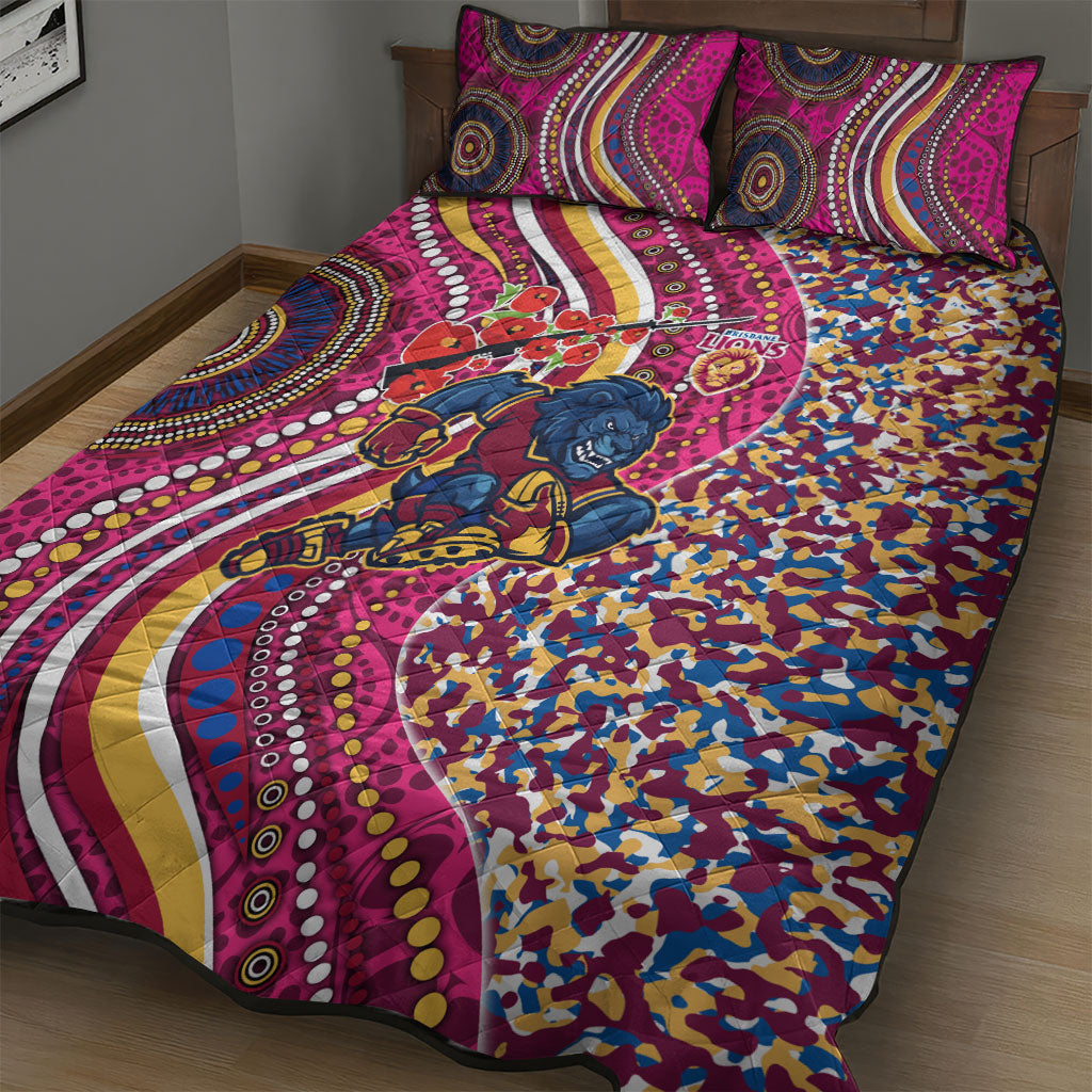 Brisbane Lions ANZAC Day Quilt Bed Set Indigenous Poppy Remembrance Lion Warrior