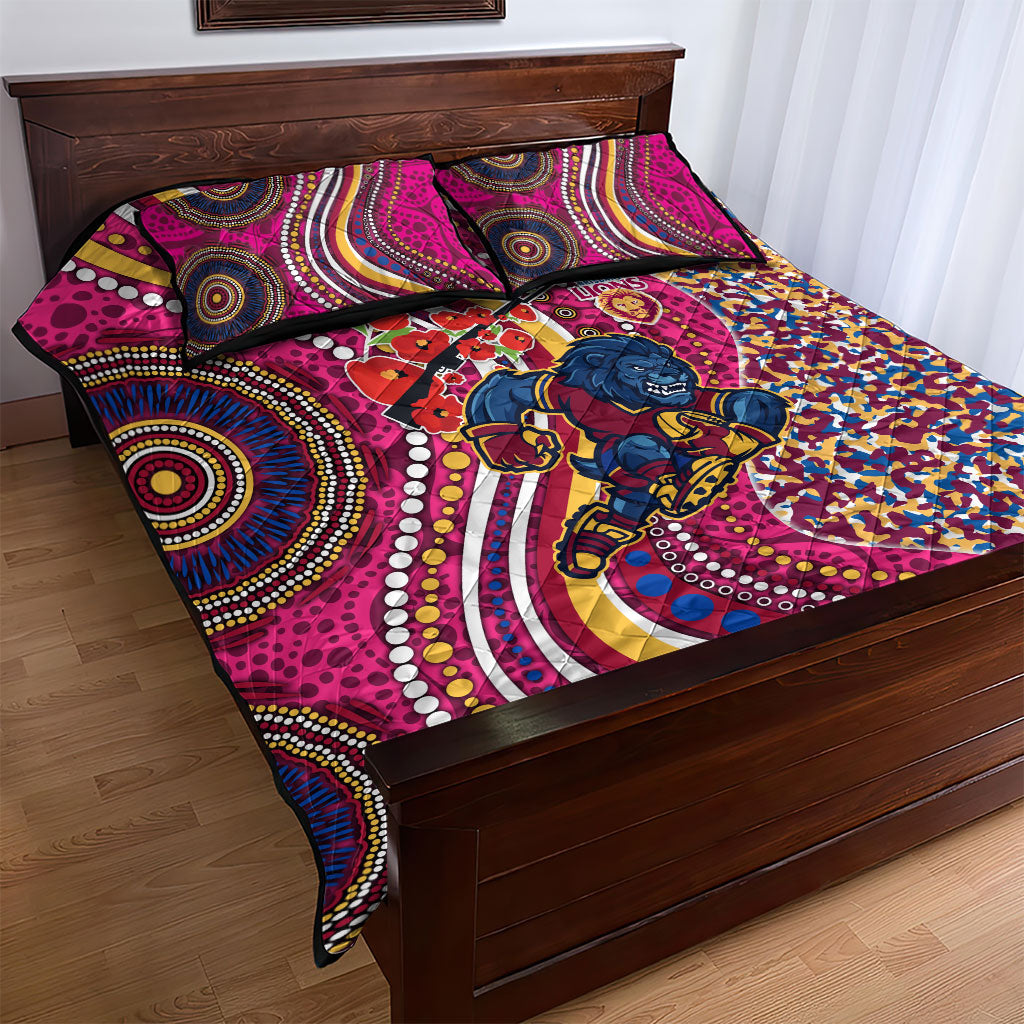 Brisbane Lions ANZAC Day Quilt Bed Set Indigenous Poppy Remembrance Lion Warrior