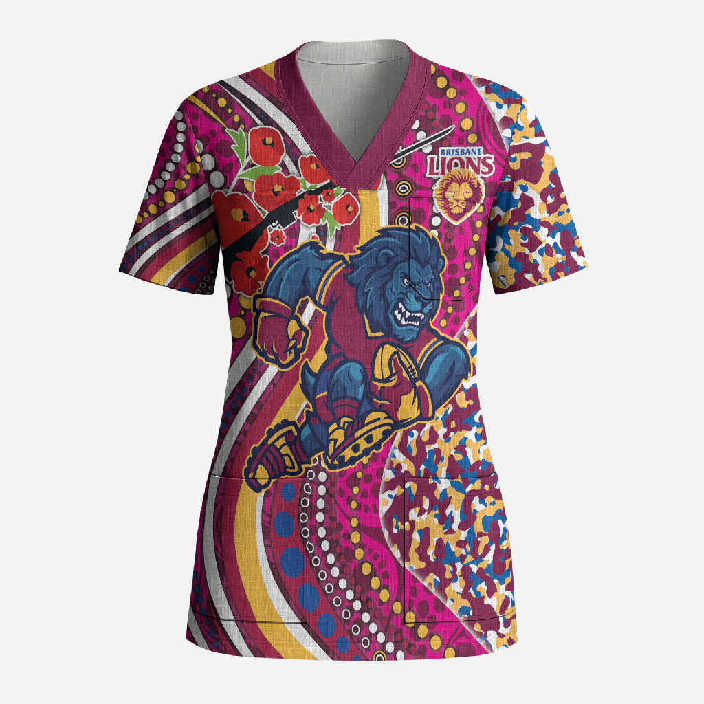 Brisbane Lions ANZAC Day Scrub Top Indigenous Poppy Remembrance Lion Warrior
