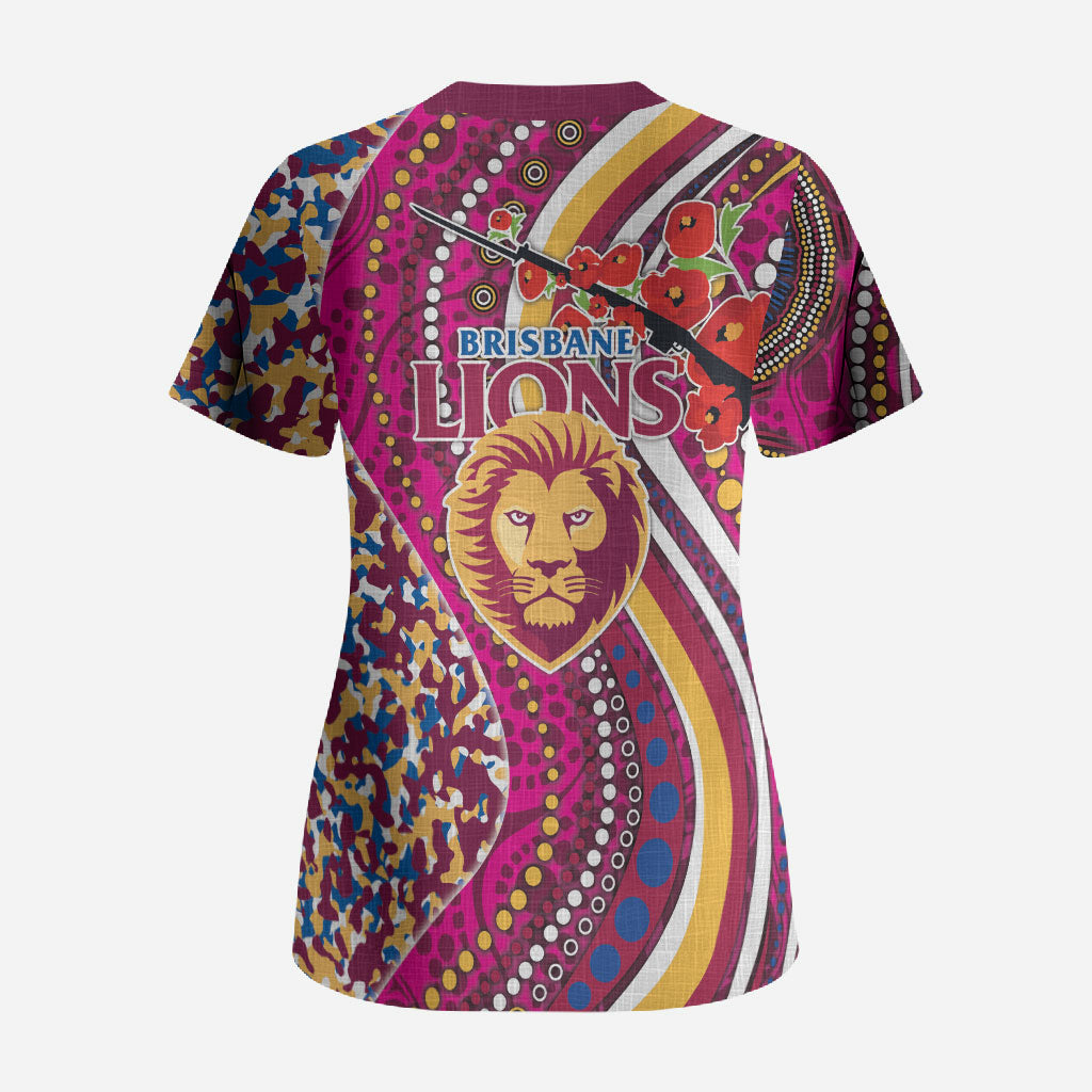 Brisbane Lions ANZAC Day Scrub Top Indigenous Poppy Remembrance Lion Warrior