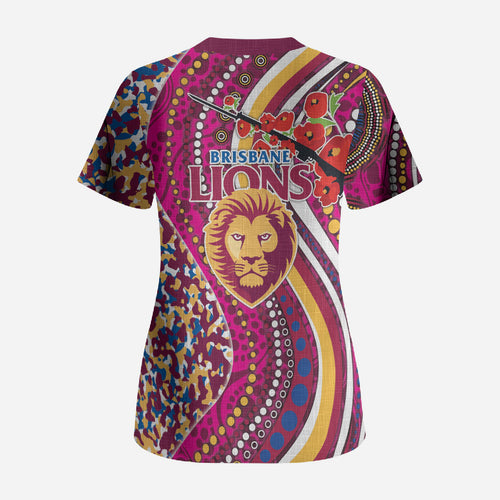 Brisbane Lions ANZAC Day Scrub Top Indigenous Poppy Remembrance Lion Warrior
