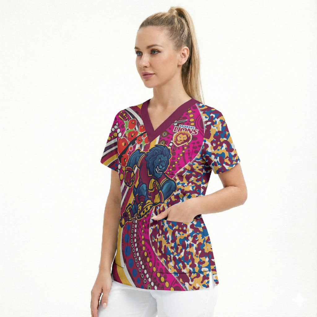 Brisbane Lions ANZAC Day Scrub Top Indigenous Poppy Remembrance Lion Warrior