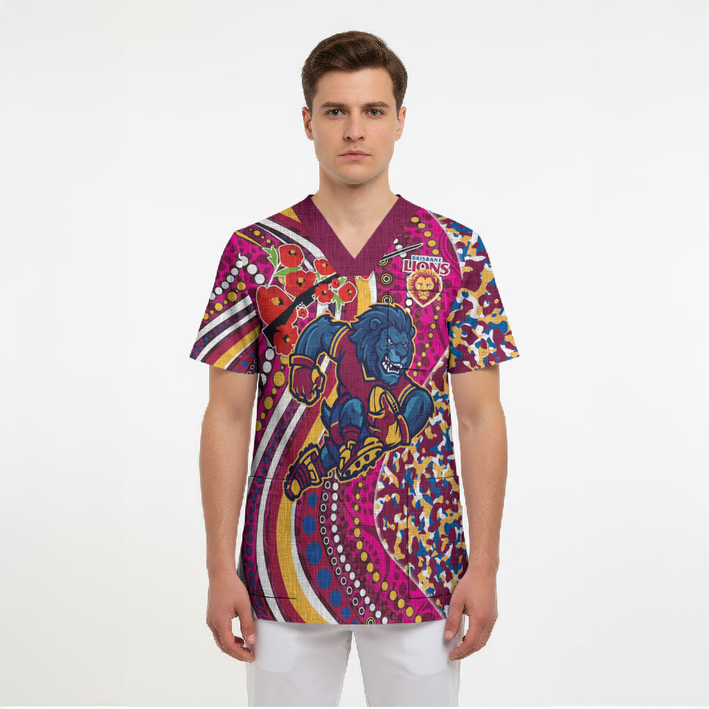 Brisbane Lions ANZAC Day Scrub Top Indigenous Poppy Remembrance Lion Warrior