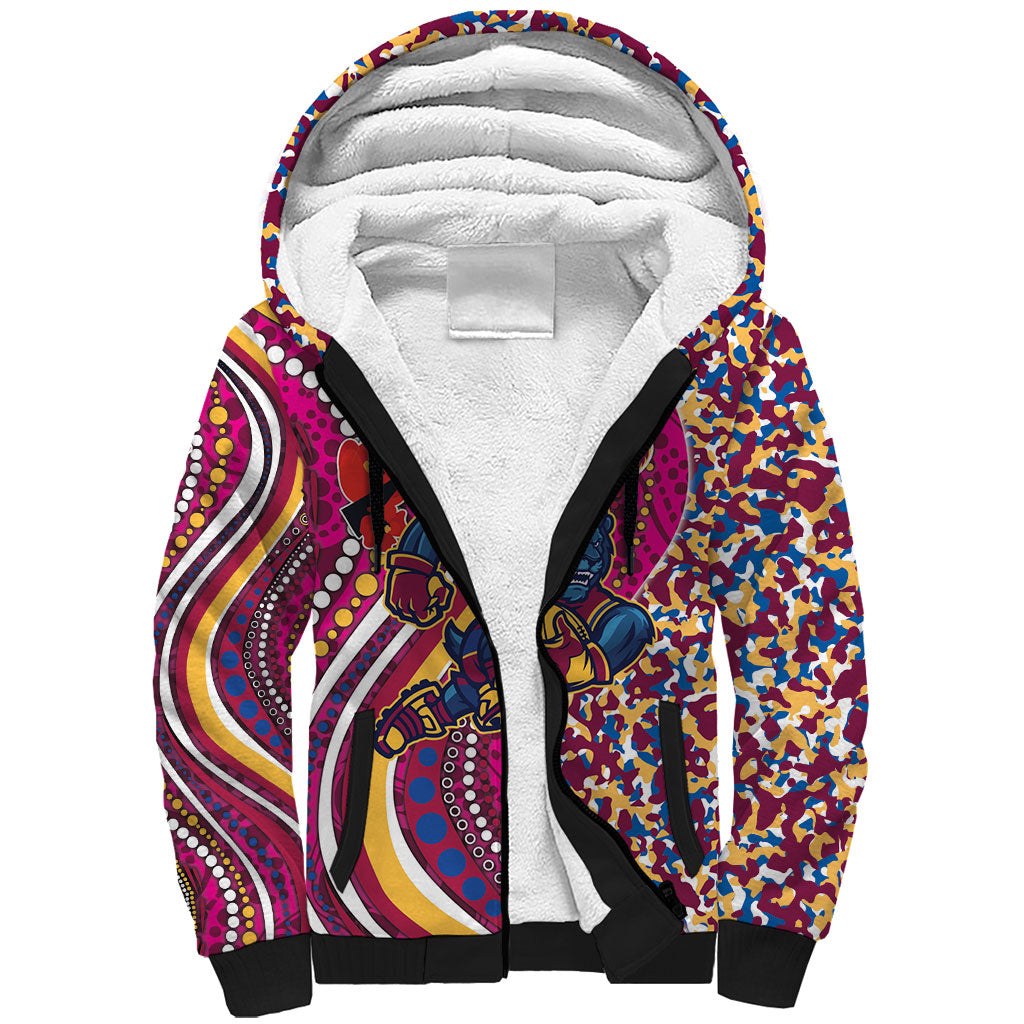 Brisbane Lions ANZAC Day Sherpa Hoodie Indigenous Poppy Remembrance Lion Warrior