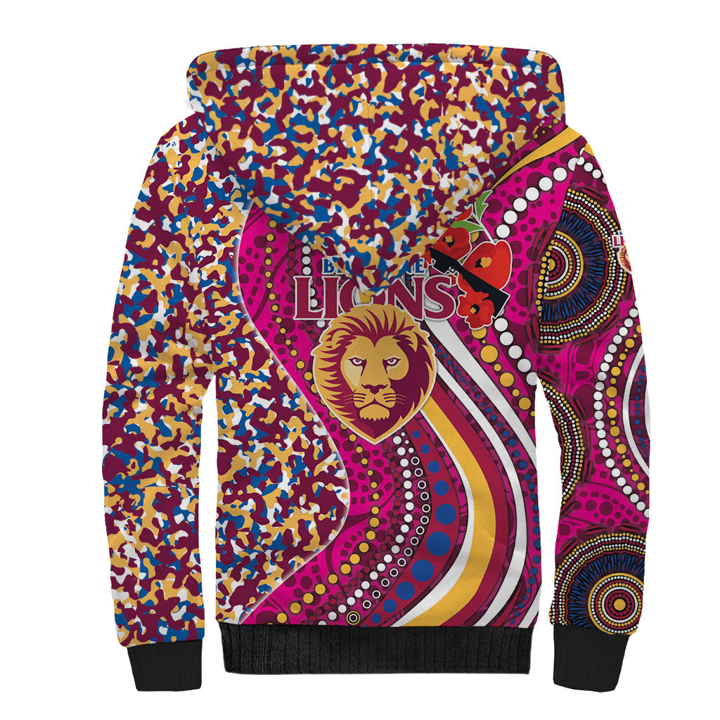 Brisbane Lions ANZAC Day Sherpa Hoodie Indigenous Poppy Remembrance Lion Warrior