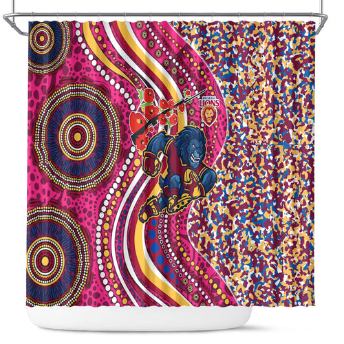 Brisbane Lions ANZAC Day Shower Curtain Indigenous Poppy Remembrance Lion Warrior