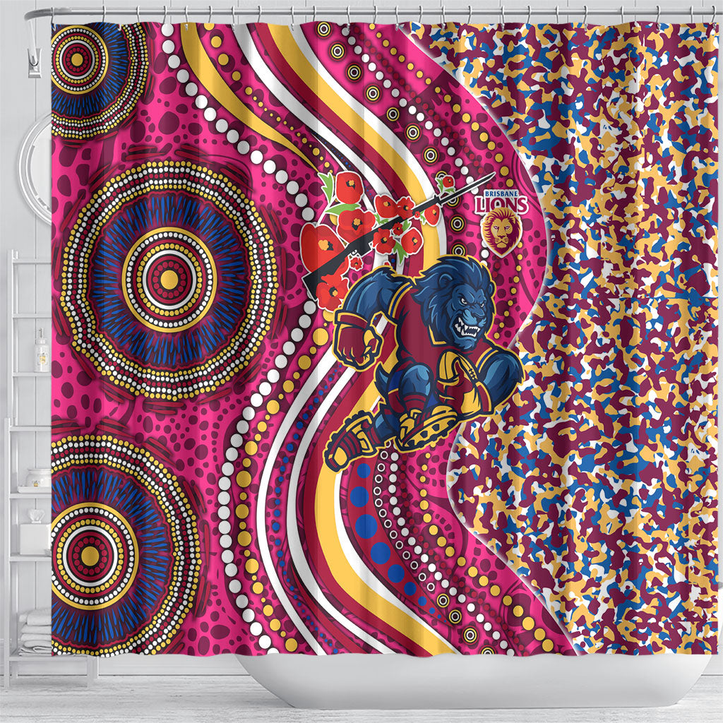 Brisbane Lions ANZAC Day Shower Curtain Indigenous Poppy Remembrance Lion Warrior