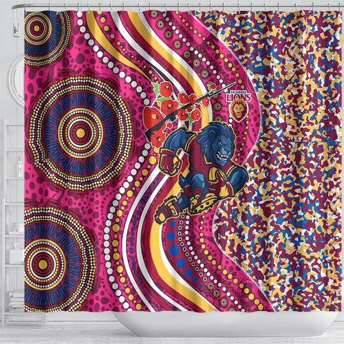 Brisbane Lions ANZAC Day Shower Curtain Indigenous Poppy Remembrance Lion Warrior