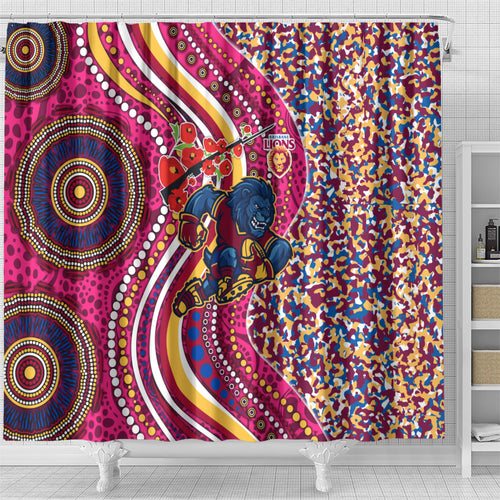 Brisbane Lions ANZAC Day Shower Curtain Indigenous Poppy Remembrance Lion Warrior