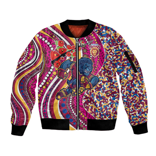Brisbane Lions ANZAC Day Sleeve Zip Bomber Jacket Indigenous Poppy Remembrance Lion Warrior