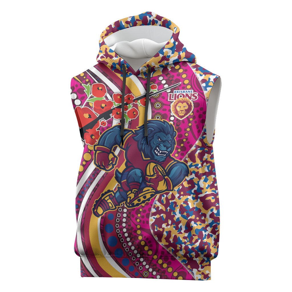 Brisbane Lions ANZAC Day Sleeveless Hoodie Indigenous Poppy Remembrance Lion Warrior