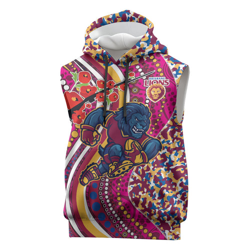 Brisbane Lions ANZAC Day Sleeveless Hoodie Indigenous Poppy Remembrance Lion Warrior