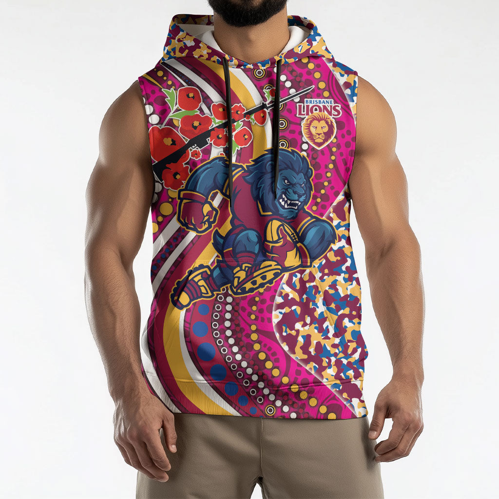 Brisbane Lions ANZAC Day Sleeveless Hoodie Indigenous Poppy Remembrance Lion Warrior