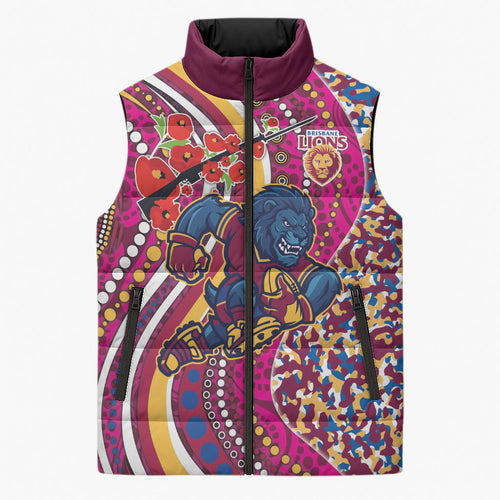Brisbane Lions ANZAC Day Sleeveless Puffer Jacket Indigenous Poppy Remembrance Lion Warrior