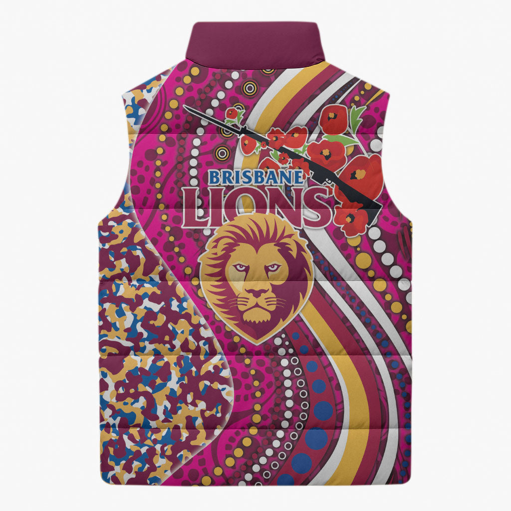 Brisbane Lions ANZAC Day Sleeveless Puffer Jacket Indigenous Poppy Remembrance Lion Warrior