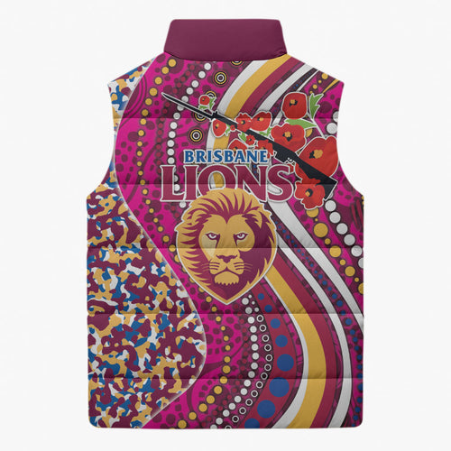Brisbane Lions ANZAC Day Sleeveless Puffer Jacket Indigenous Poppy Remembrance Lion Warrior