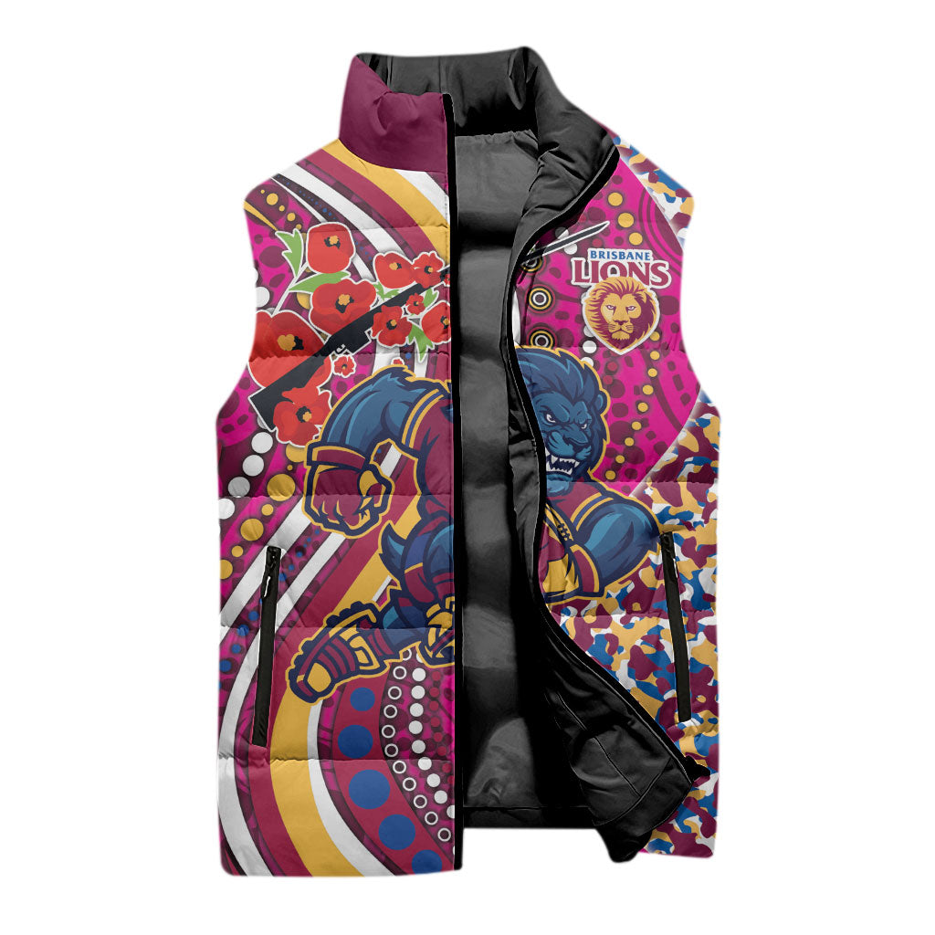 Brisbane Lions ANZAC Day Sleeveless Puffer Jacket Indigenous Poppy Remembrance Lion Warrior