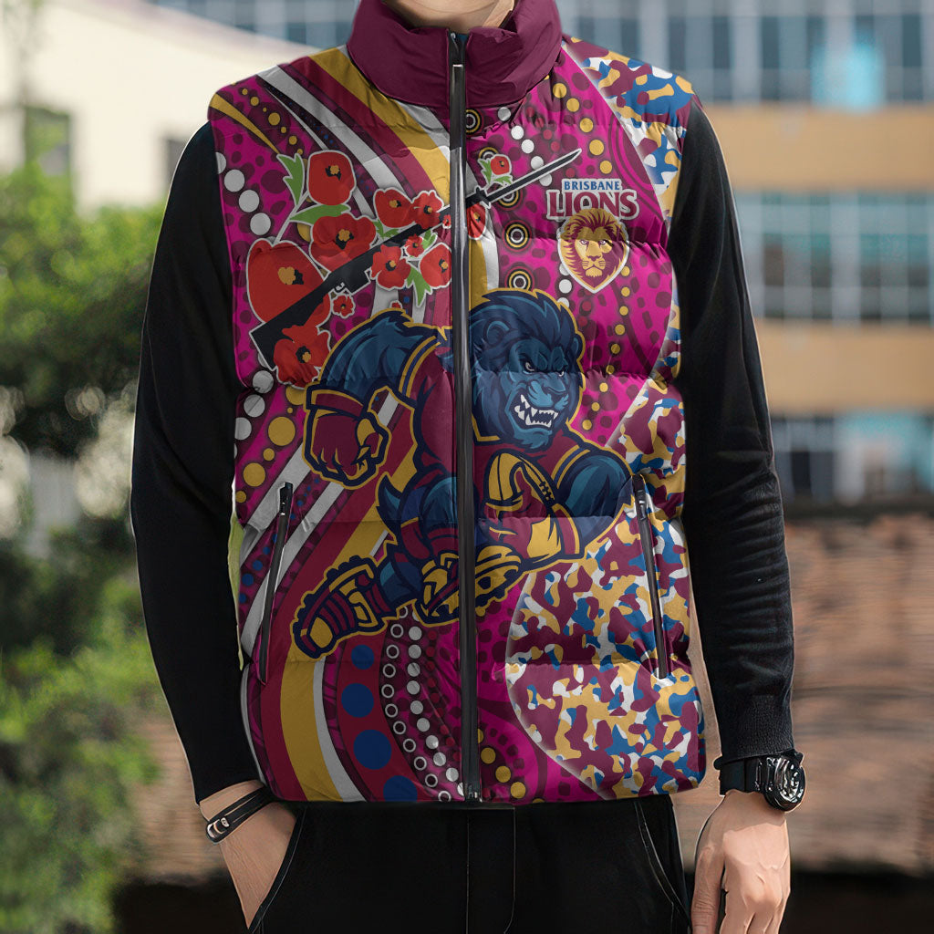 Brisbane Lions ANZAC Day Sleeveless Puffer Jacket Indigenous Poppy Remembrance Lion Warrior