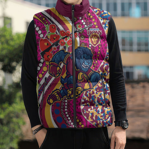 Brisbane Lions ANZAC Day Sleeveless Puffer Jacket Indigenous Poppy Remembrance Lion Warrior