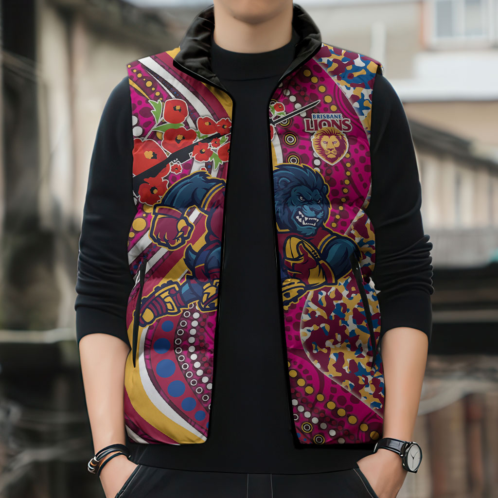 Brisbane Lions ANZAC Day Sleeveless Puffer Jacket Indigenous Poppy Remembrance Lion Warrior