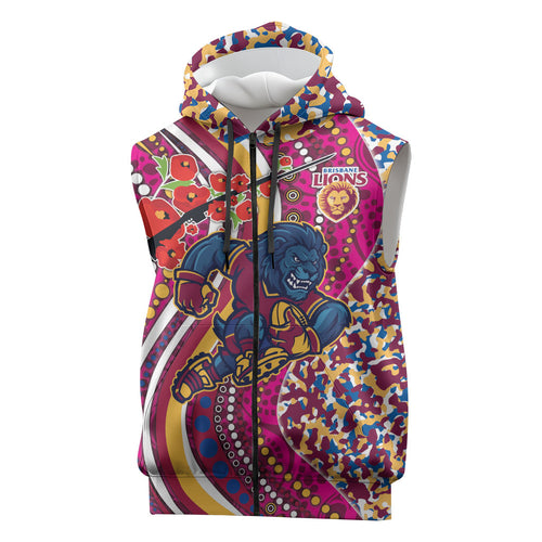 Brisbane Lions ANZAC Day Sleeveless Zip Hoodie Indigenous Poppy Remembrance Lion Warrior