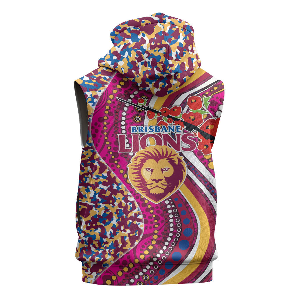 Brisbane Lions ANZAC Day Sleeveless Zip Hoodie Indigenous Poppy Remembrance Lion Warrior