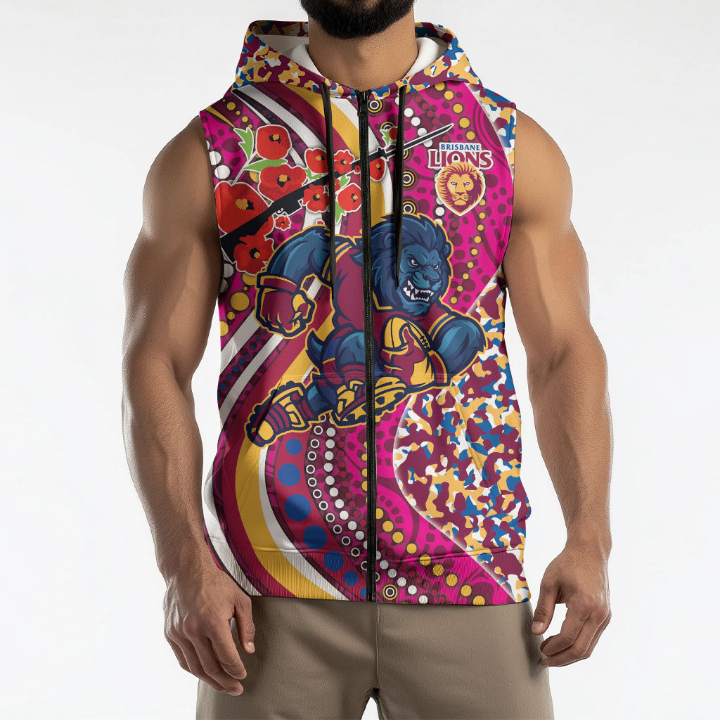 Brisbane Lions ANZAC Day Sleeveless Zip Hoodie Indigenous Poppy Remembrance Lion Warrior