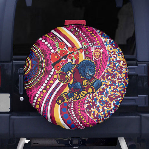 Brisbane Lions ANZAC Day Spare Tire Cover Indigenous Poppy Remembrance Lion Warrior