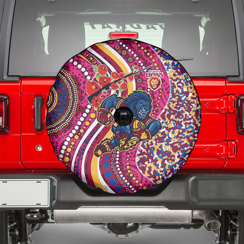 Brisbane Lions ANZAC Day Spare Tire Cover Indigenous Poppy Remembrance Lion Warrior
