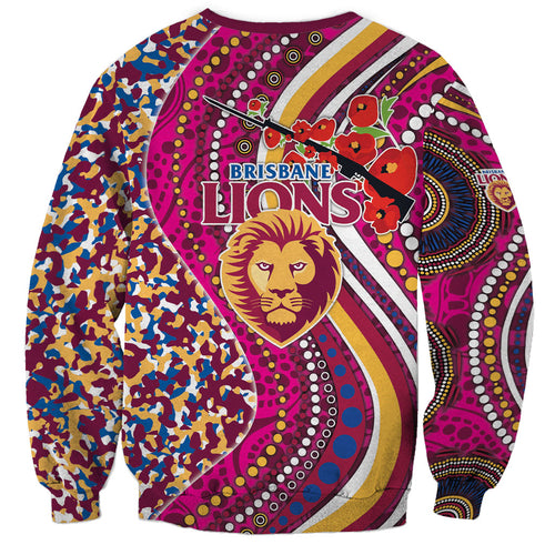 Brisbane Lions ANZAC Day Sweatshirt Indigenous Poppy Remembrance Lion Warrior