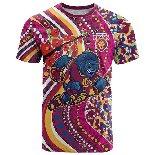 Brisbane Lions ANZAC Day T Shirt Indigenous Poppy Remembrance Lion Warrior