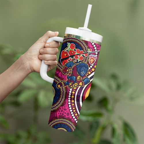 Brisbane Lions ANZAC Day Tumbler With Handle Indigenous Poppy Remembrance Lion Warrior