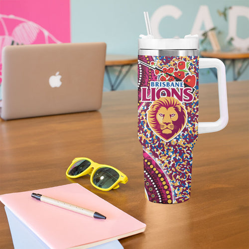Brisbane Lions ANZAC Day Tumbler With Handle Indigenous Poppy Remembrance Lion Warrior