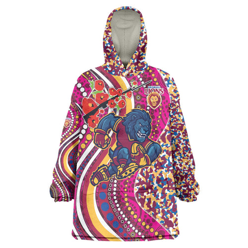 Brisbane Lions ANZAC Day Wearable Blanket Hoodie Indigenous Poppy Remembrance Lion Warrior