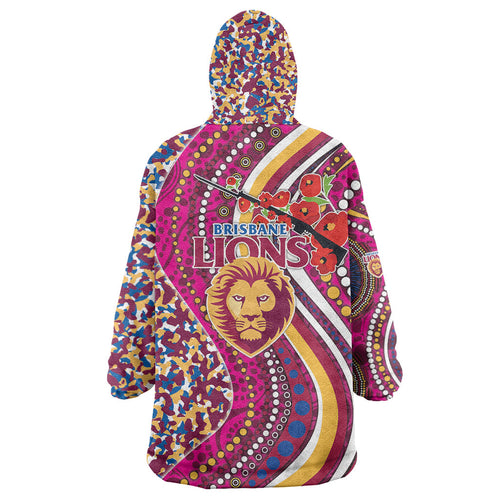 Brisbane Lions ANZAC Day Wearable Blanket Hoodie Indigenous Poppy Remembrance Lion Warrior