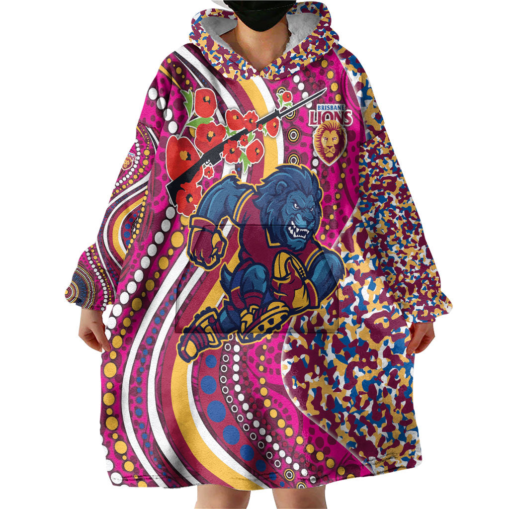 Brisbane Lions ANZAC Day Wearable Blanket Hoodie Indigenous Poppy Remembrance Lion Warrior