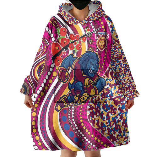 Brisbane Lions ANZAC Day Wearable Blanket Hoodie Indigenous Poppy Remembrance Lion Warrior