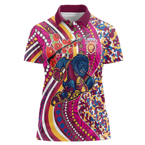 Brisbane Lions ANZAC Day Women Polo Shirt Indigenous Poppy Remembrance Lion Warrior