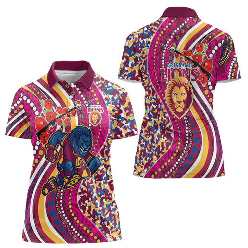 Brisbane Lions ANZAC Day Women Polo Shirt Indigenous Poppy Remembrance Lion Warrior