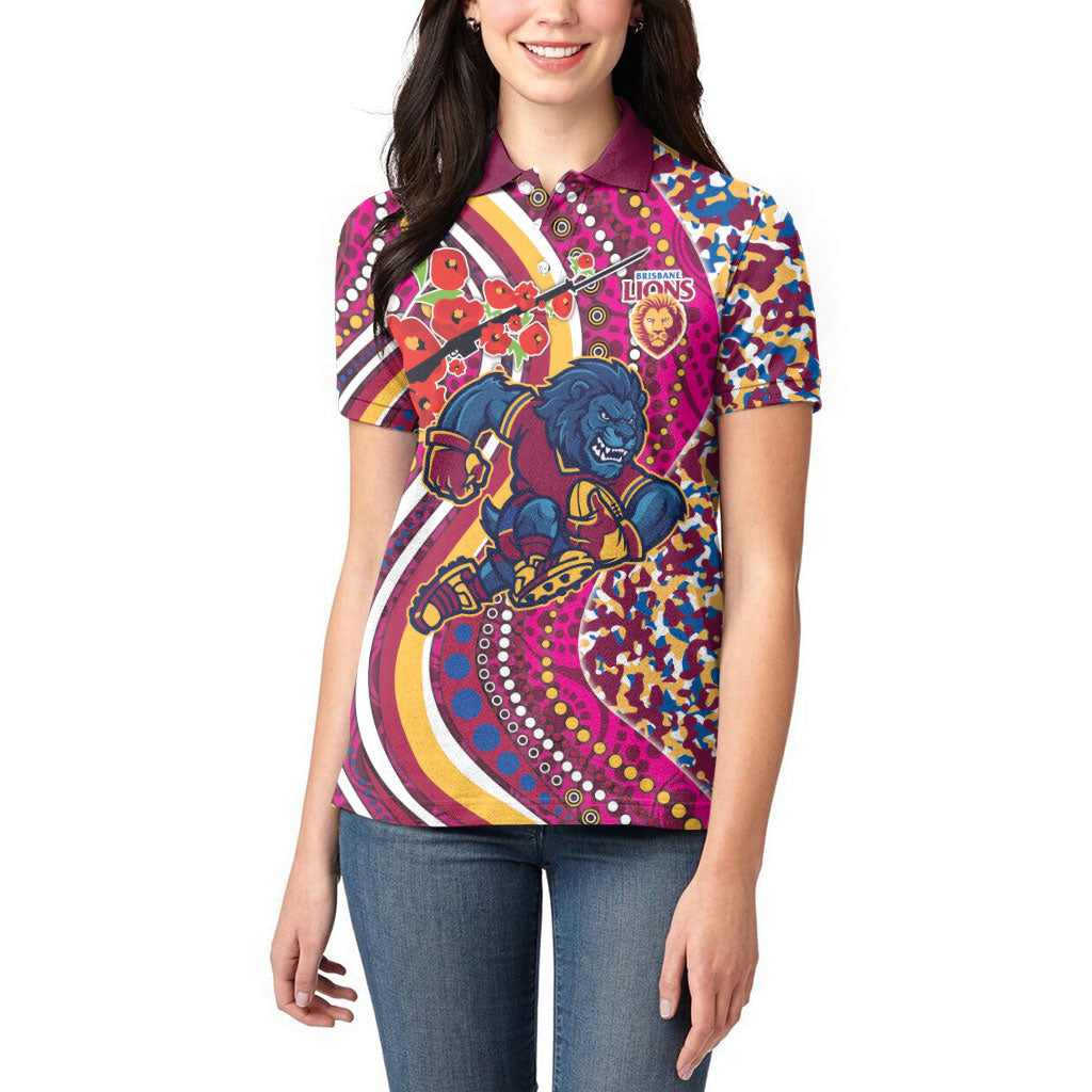 Brisbane Lions ANZAC Day Women Polo Shirt Indigenous Poppy Remembrance Lion Warrior