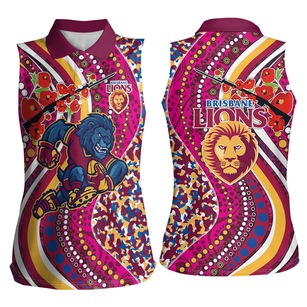 Brisbane Lions ANZAC Day Women Sleeveless Polo Shirt Indigenous Poppy Remembrance Lion Warrior