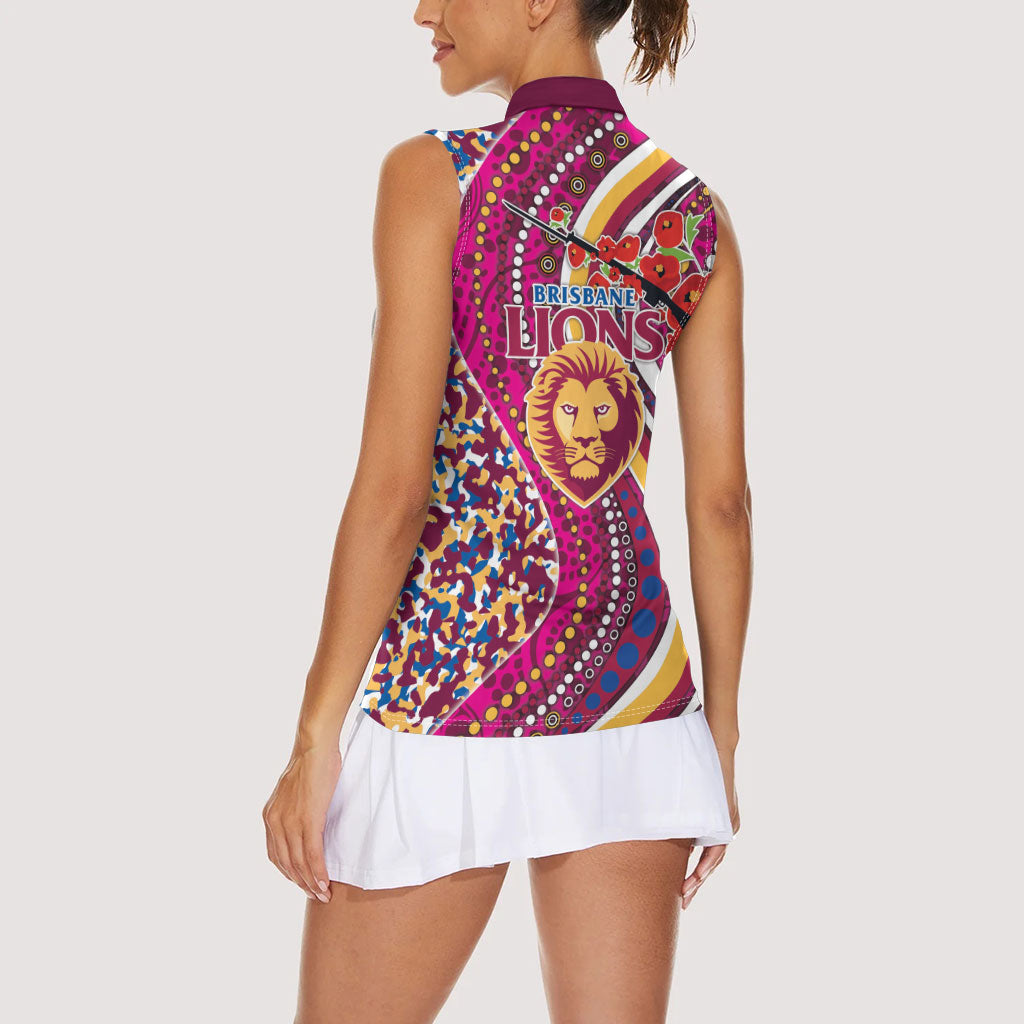 Brisbane Lions ANZAC Day Women Sleeveless Polo Shirt Indigenous Poppy Remembrance Lion Warrior